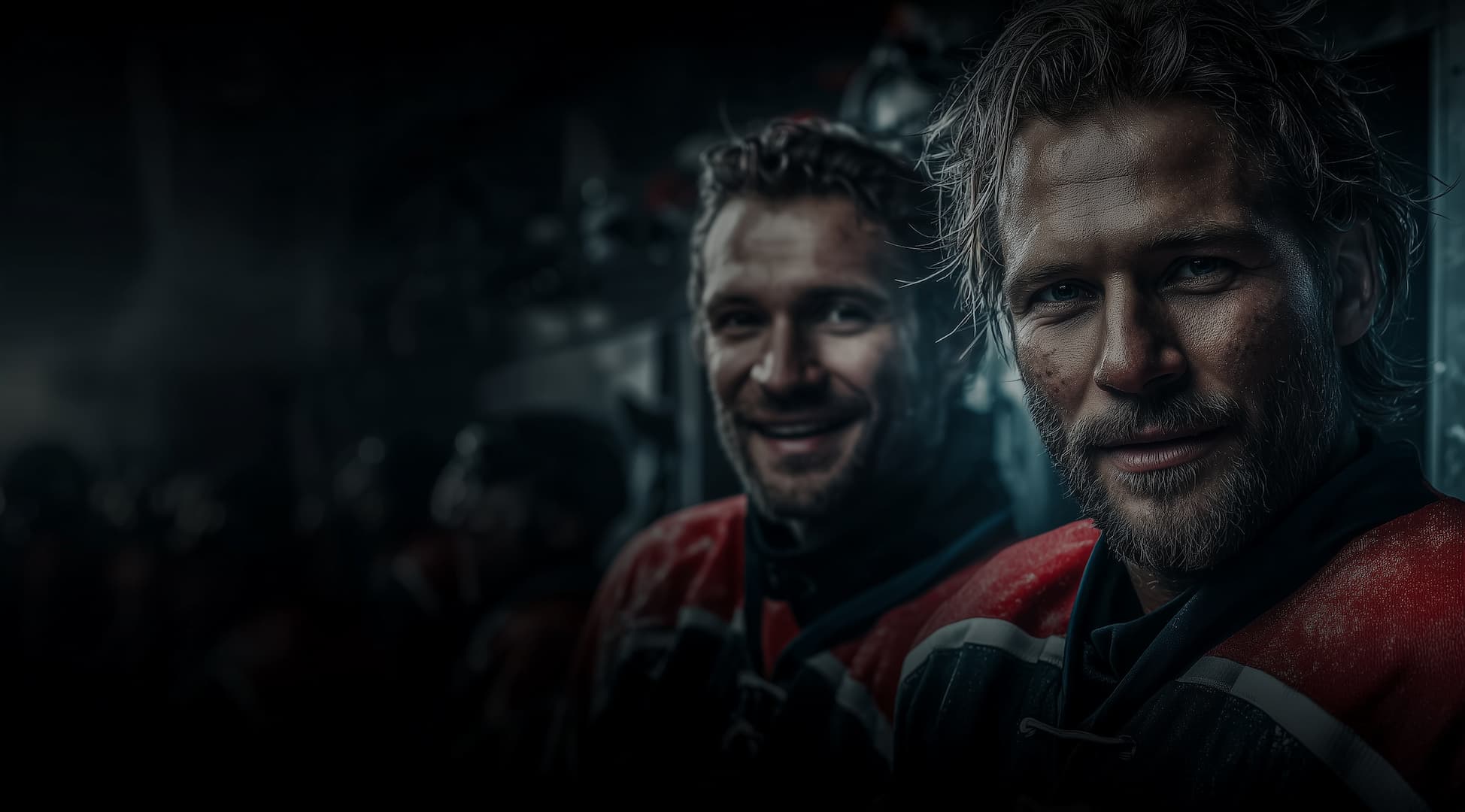 Two adult beer-league players smiling in the locker room
