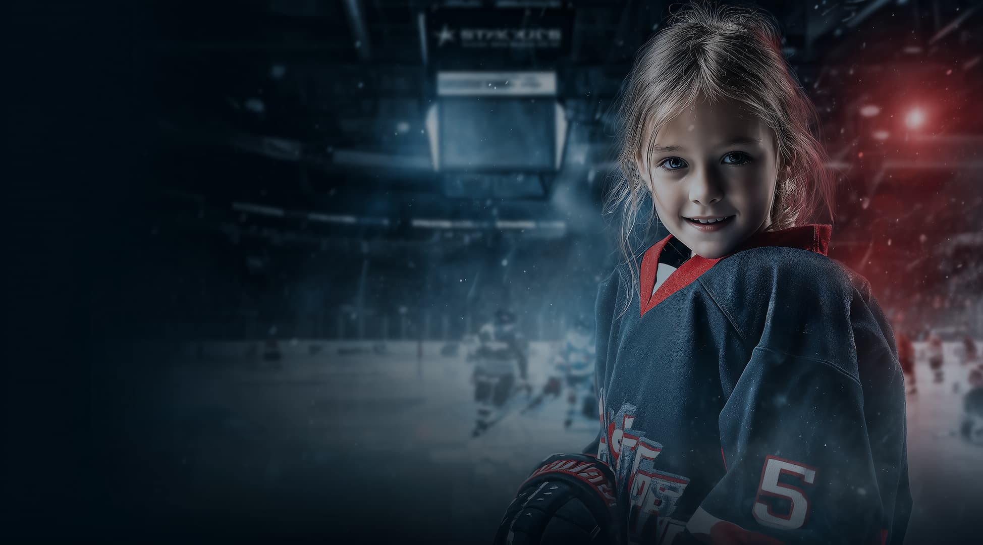 Young girl in a red and white jersey at the rink, smiling